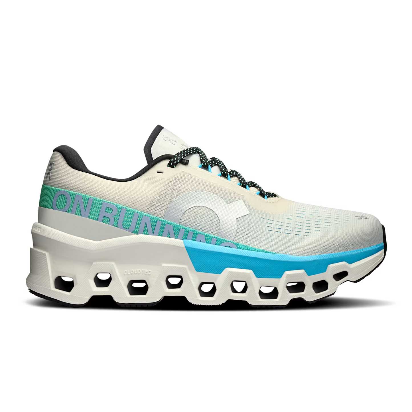 White running shoe with blue sole on a transparent background