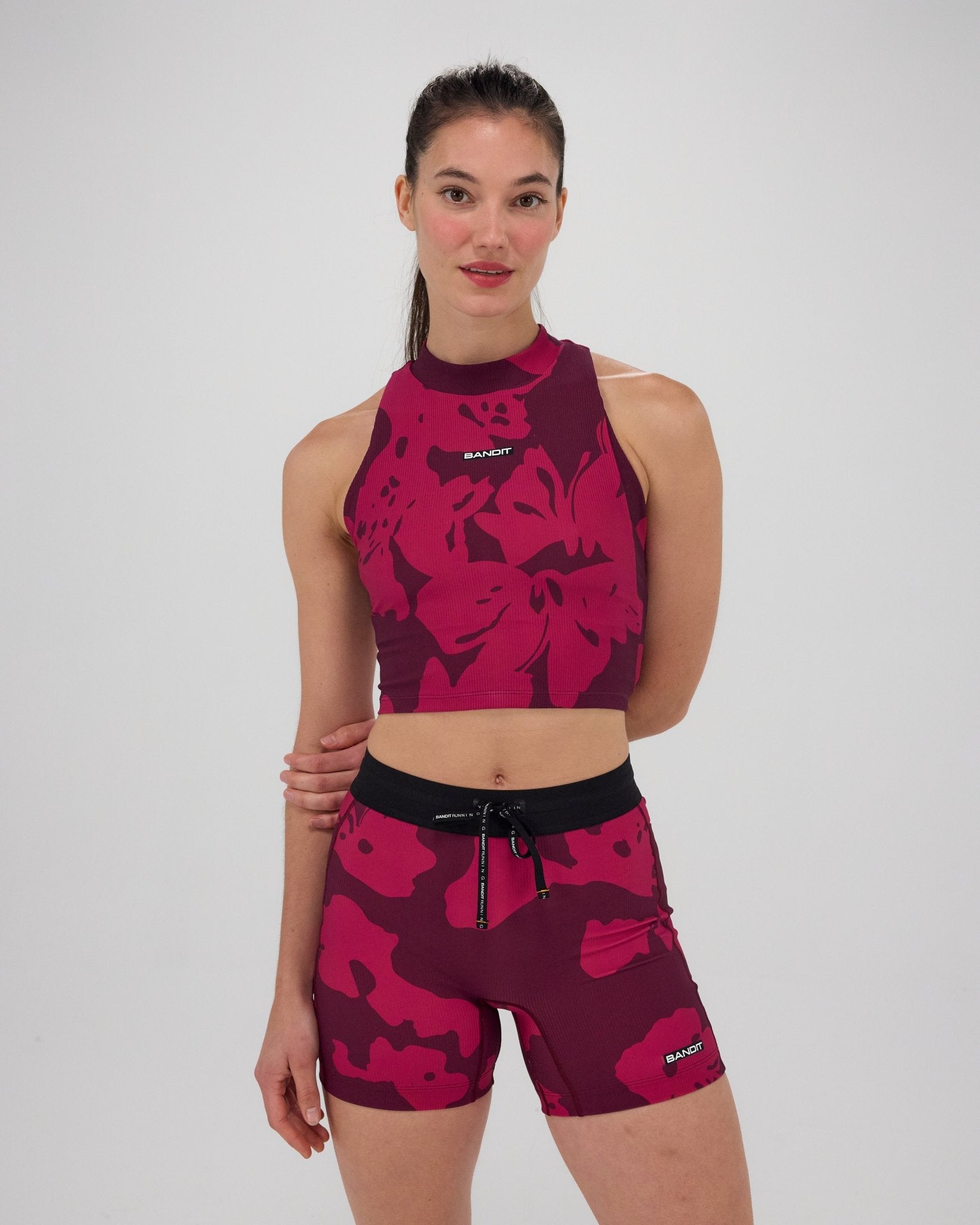 Bandit Cadence™ Mockneck Race Crop - Fig with Berry Abstract Floral - Interval Running