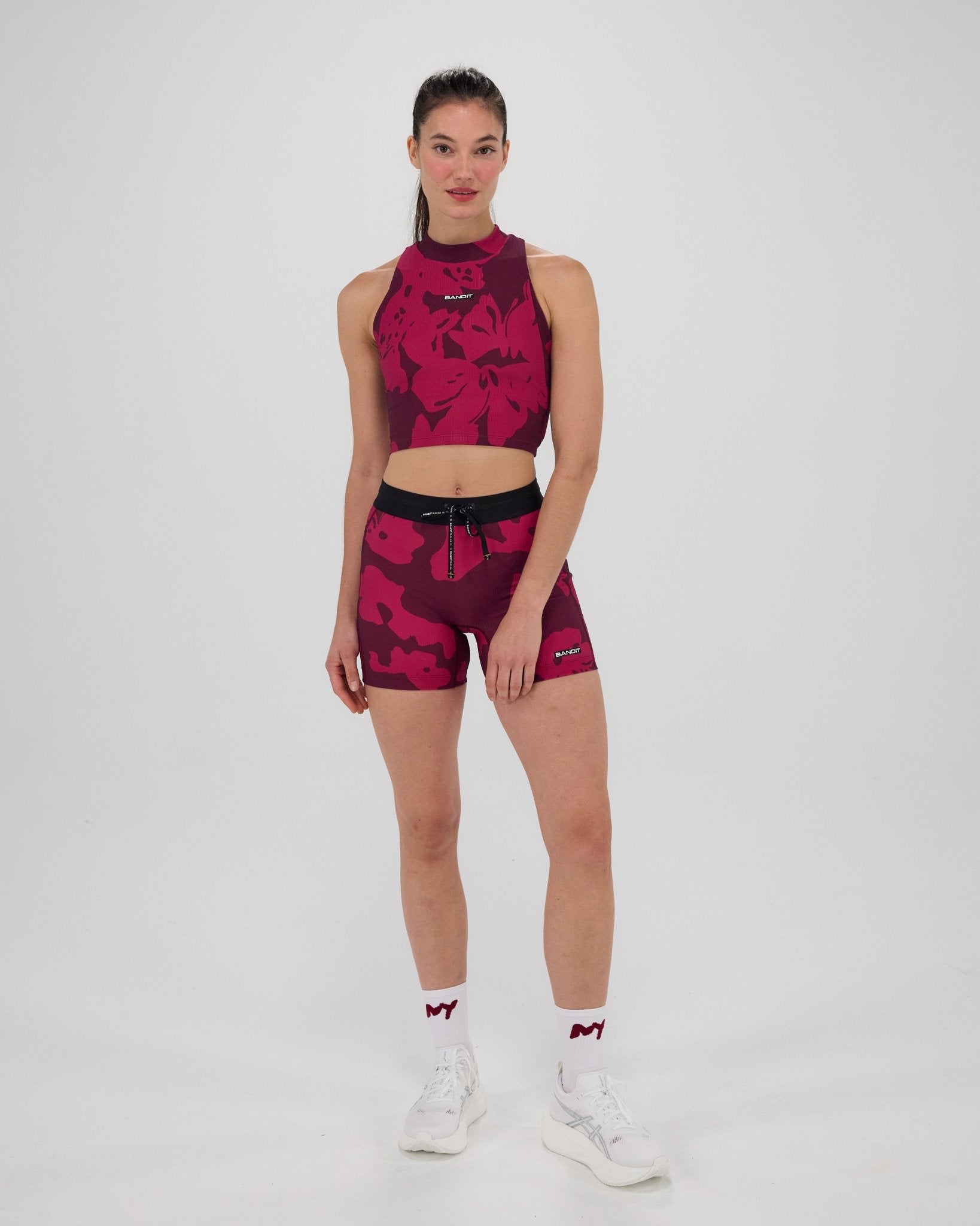 Bandit Cadence™ Mockneck Race Crop - Fig with Berry Abstract Floral - Interval Running