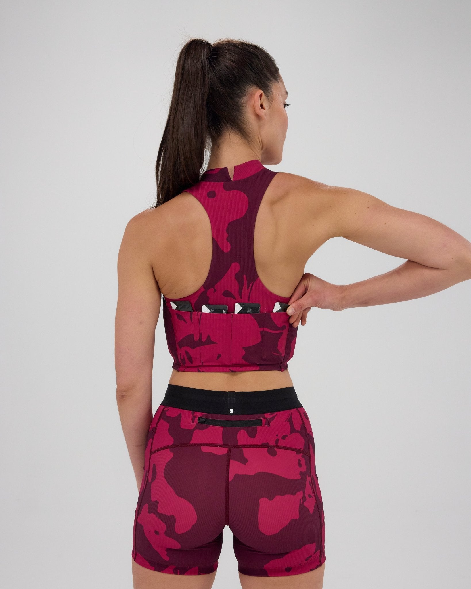 Bandit Cadence™ Mockneck Race Crop - Fig with Berry Abstract Floral - Interval Running