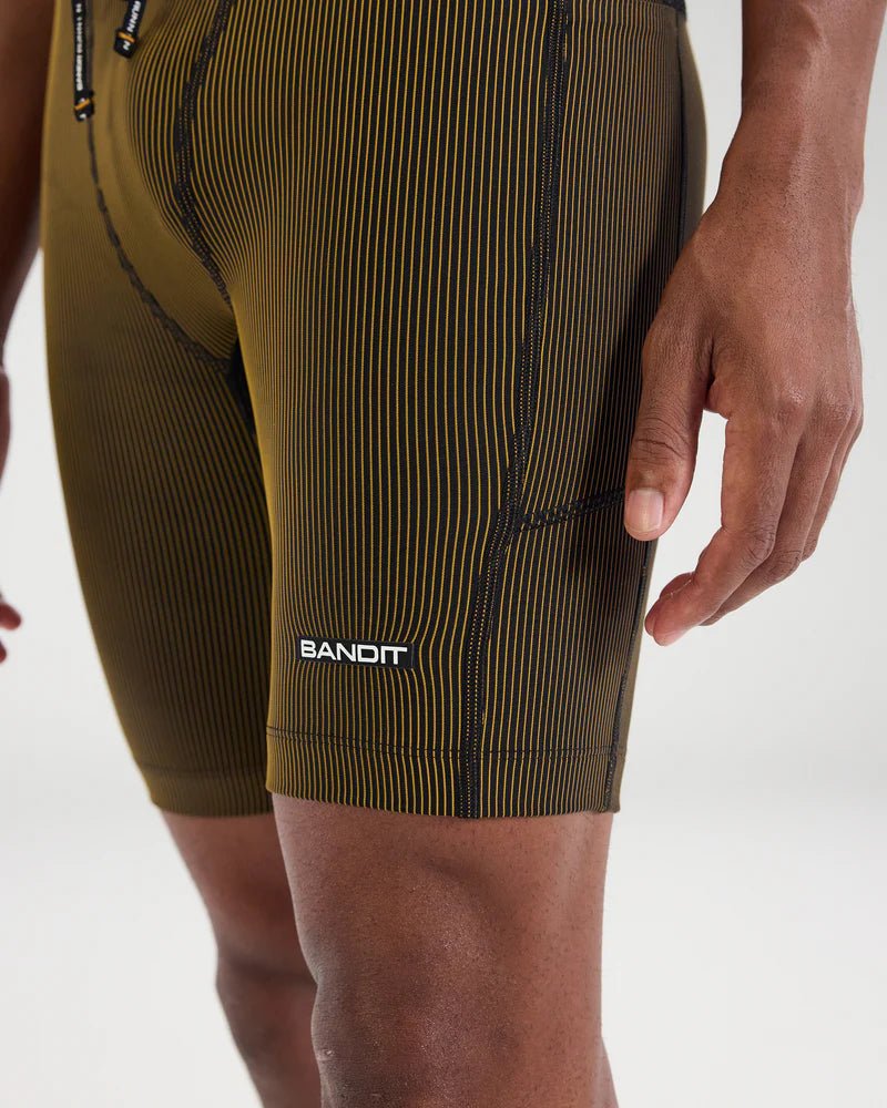 Bandit Striped Cadence™ 7 Pocket Half Tights - Black with Dijon - Interval Running
