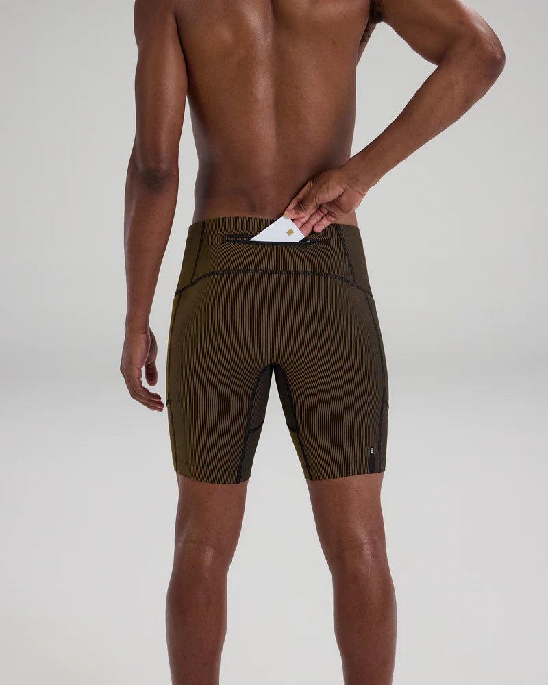 Bandit Striped Cadence™ 7 Pocket Half Tights - Black with Dijon - Interval Running