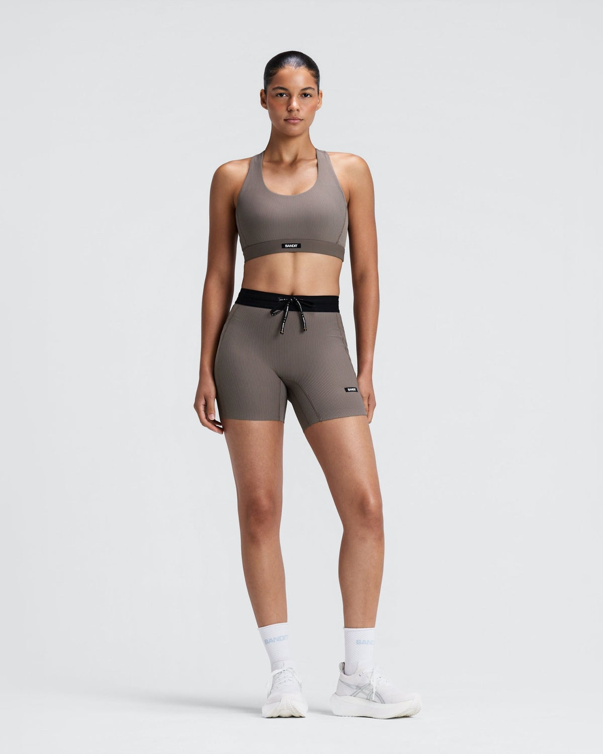 Bandit Women's Striped Cadence™ 5" Compression Shorts - Concrete Taupe / Cocoa - Interval Running