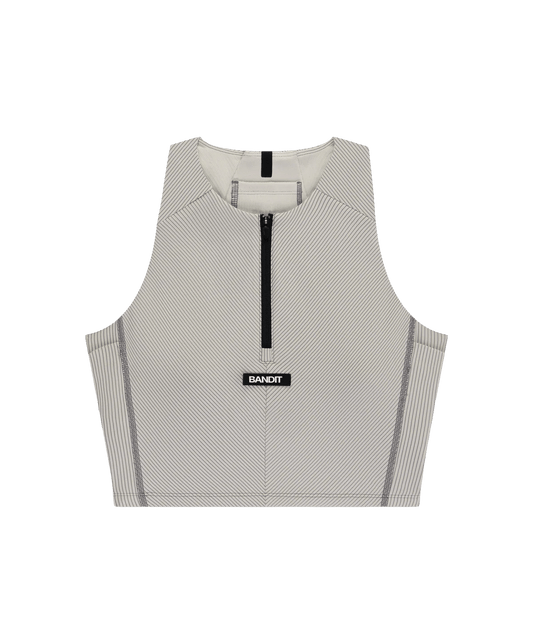 Bandit Women's Striped Cadence™ Zip Front Race Crop - Plaster / Slate - Interval Running