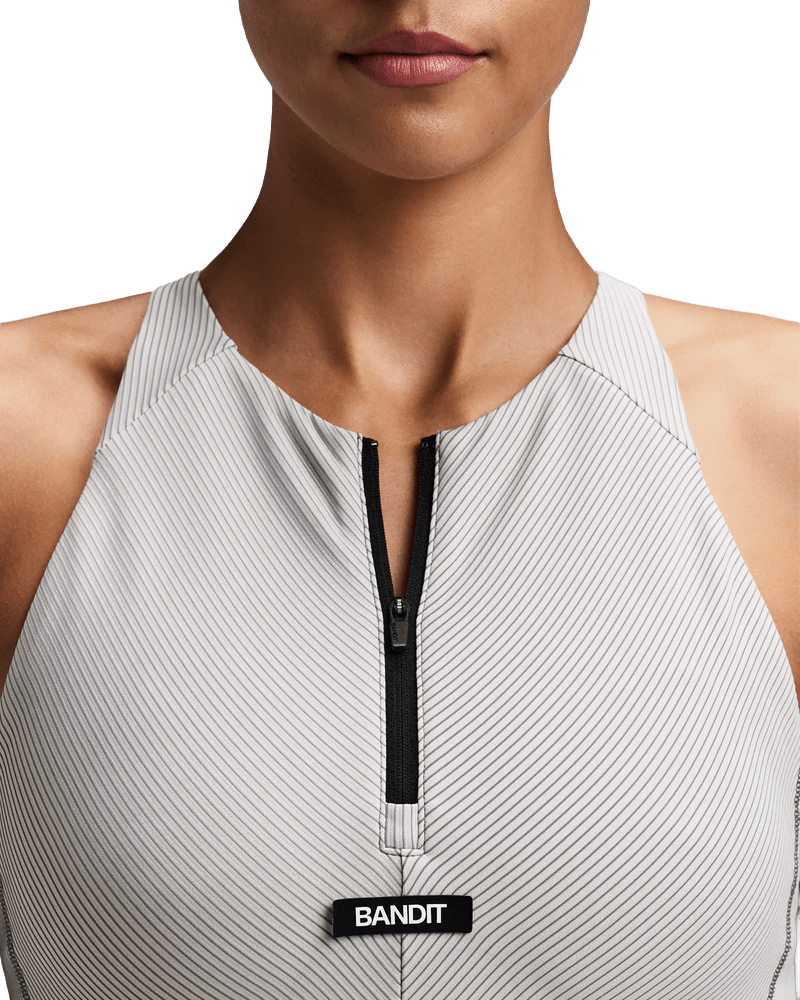 Bandit Women's Striped Cadence™ Zip Front Race Crop - Plaster / Slate - Interval Running