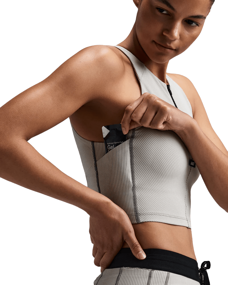 Bandit Women's Striped Cadence™ Zip Front Race Crop - Plaster / Slate - Interval Running