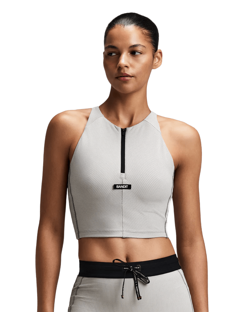 Bandit Women's Striped Cadence™ Zip Front Race Crop - Plaster / Slate - Interval Running