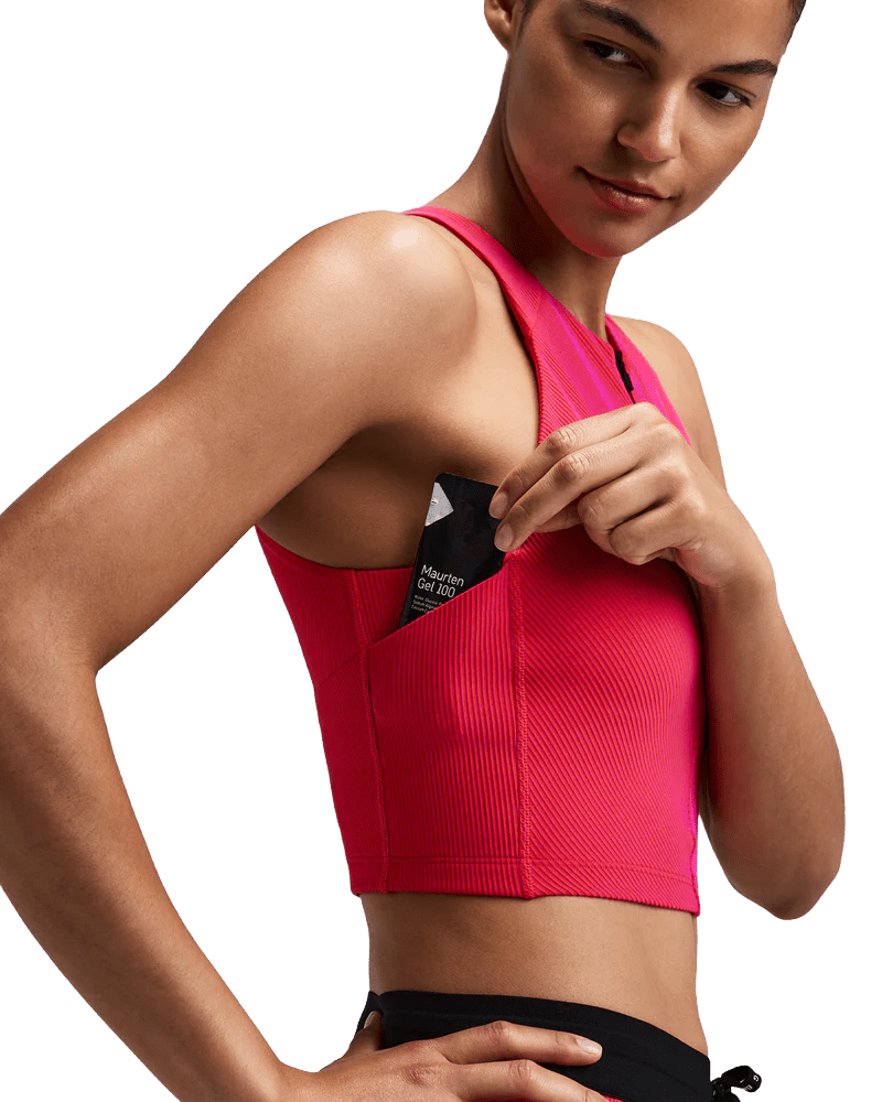 Bandit Women's Striped Cadence™ Zip Front Race Crop - Poppy / Azalea - Interval Running