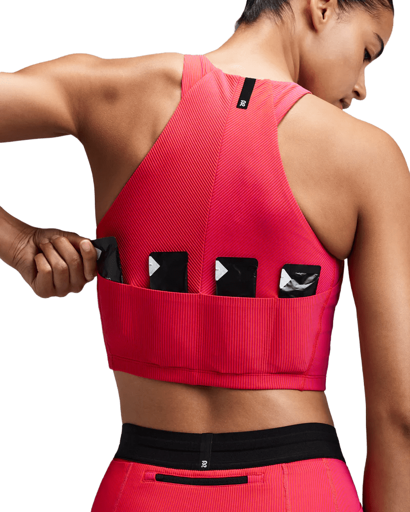 Bandit Women's Striped Cadence™ Zip Front Race Crop - Poppy / Azalea - Interval Running