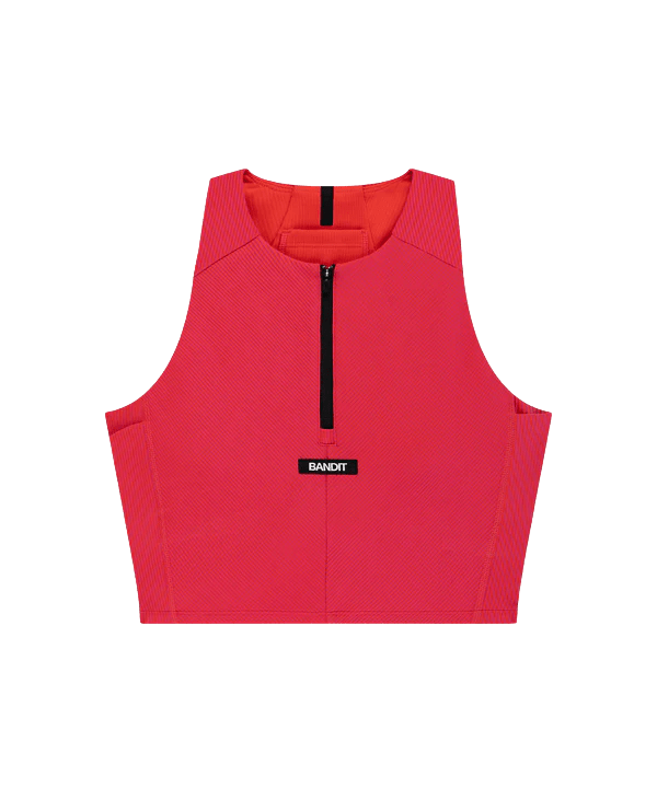 Bandit Women's Striped Cadence™ Zip Front Race Crop - Poppy / Azalea - Interval Running