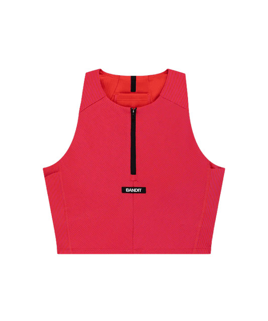 Bandit Women's Striped Cadence™ Zip Front Race Crop - Poppy / Azalea - Interval Running