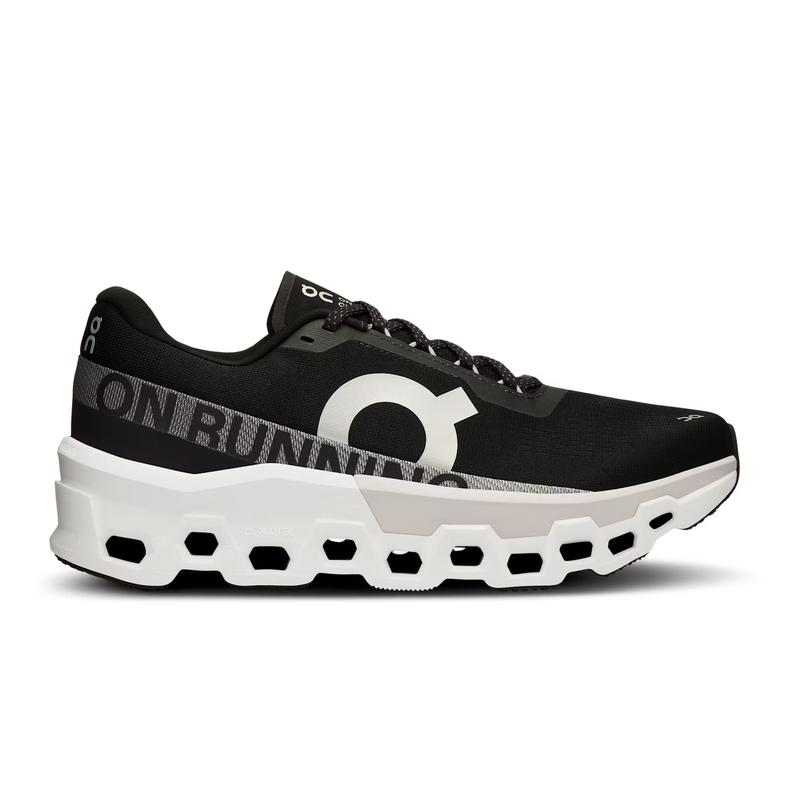 Black running shoe with white sole on a transparent background